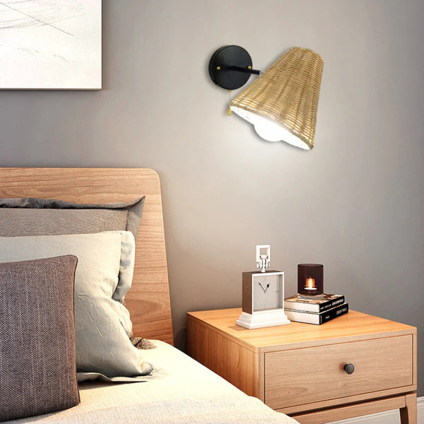 Retro Nordic rattan bedside wall lamps