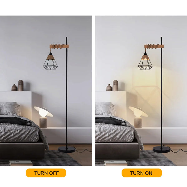 Retro smart floor lamp with rattan shade and extended power cord