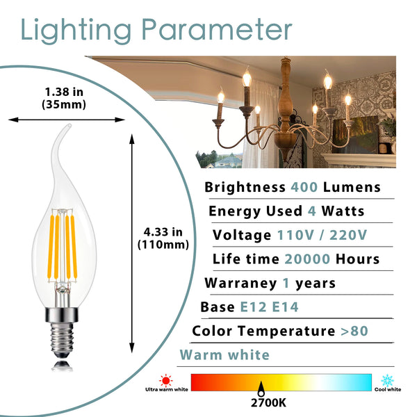 LED Candle Light Bulbs – C35 6-Pack, 2700K Warm Glow, E12/E14 Base