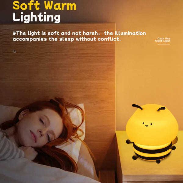 Cute Bee Design LED Night Light, Kids Silicone Lamp, Touch Sensor, Timer, USB, Rechargeable