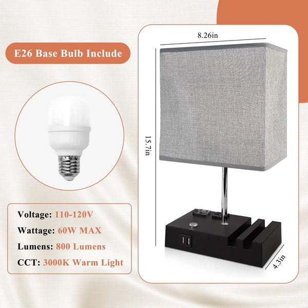 Bedside lamp with two fast USB charging ports, fully dimmable bedside table lamp