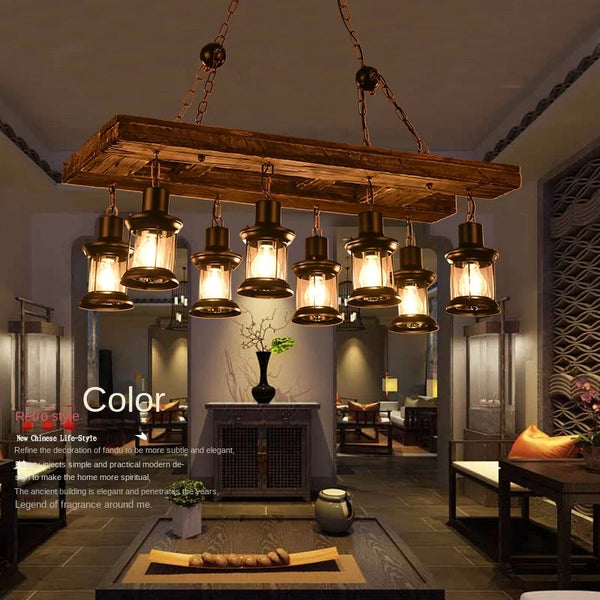 Retro industrial wood and iron pendant light with LED, pendant light with metallic sheen