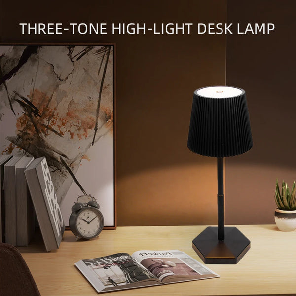 Rechargeable LED table lamp with touch switch and 3 levels of dimmable intensity.