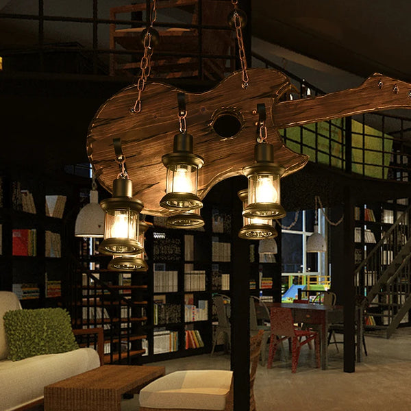 Retro industrial wood and iron pendant light with LED, pendant light with metallic sheen