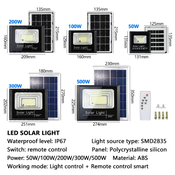 LED Solar Light 100W 200W 300W 500W, Powerful Waterproof Solar Flood Light with Remote Control