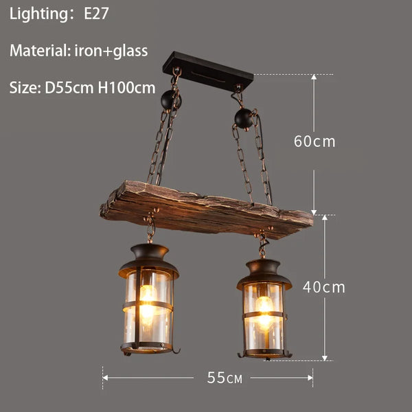 Retro industrial wood and iron pendant light with LED, pendant light with metallic sheen