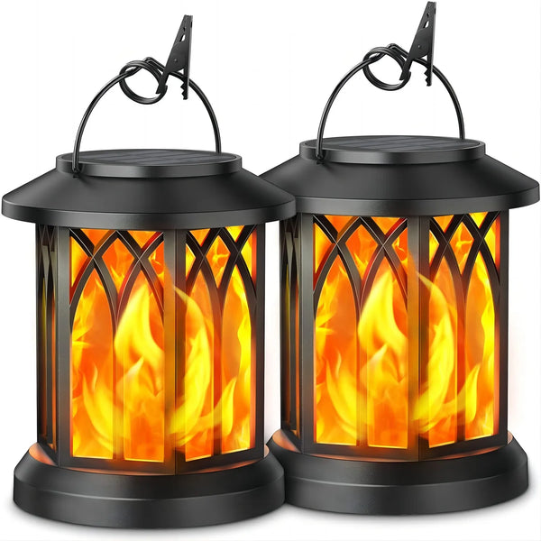 2-Pack Upgraded Flickering Flame Solar Lanterns β Hanging Outdoor Lights in Bronze & Black