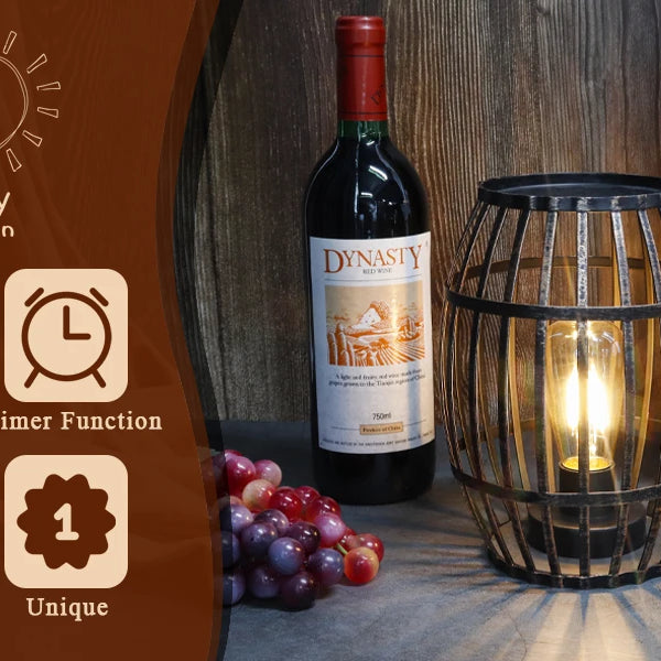 Decorative Battery Powered 8“H Cordless Metal Wine Barrel Lamp with 6-Hour Timer for Tabletop Home Patio(Black Brushed Gold)