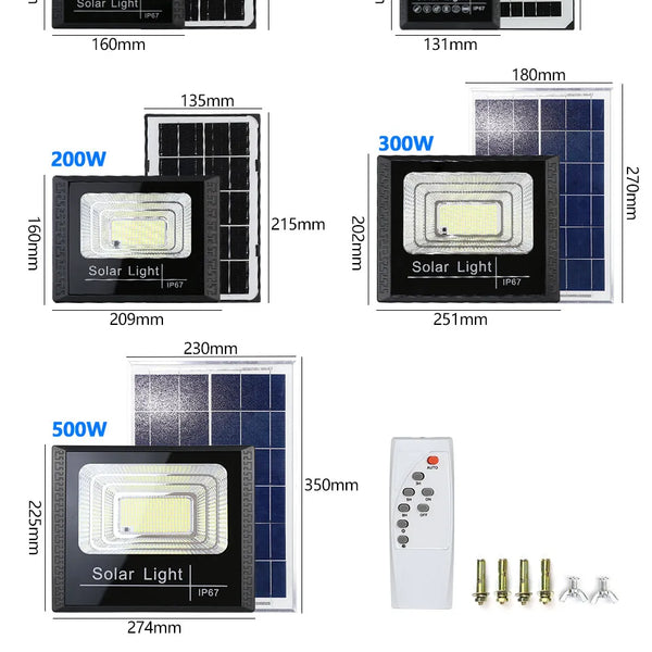 LED Solar Light 100W 200W 300W 500W, Powerful Waterproof Solar Flood Light with Remote Control