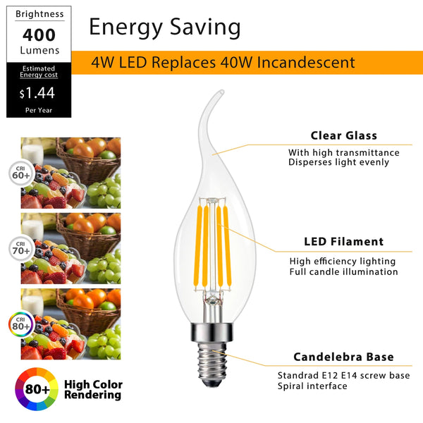 LED Candle Light Bulbs – C35 6-Pack, 2700K Warm Glow, E12/E14 Base
