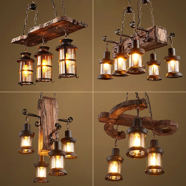 Retro industrial wood and iron pendant light with LED, pendant light with metallic sheen