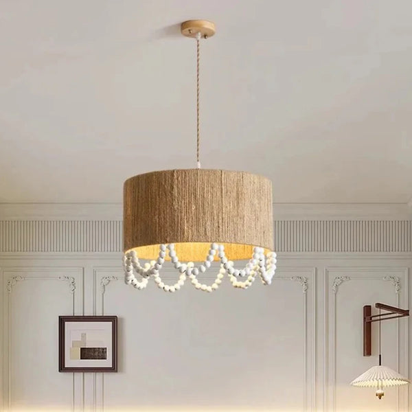 Japanese Wabi Sabi pendant light with wooden beads and hemp rope
