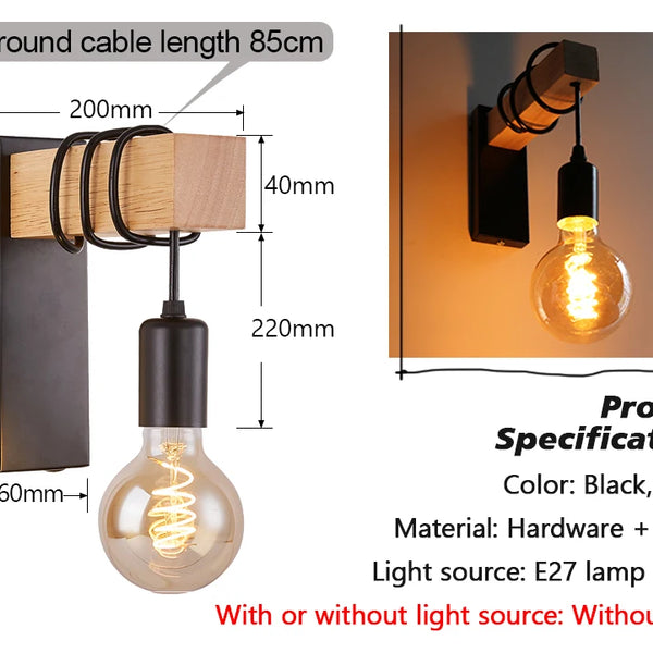 Retro Wooden LED Wall Lamp E27 220V 110V