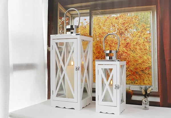 Farmhouse Wood Lantern Decorative Candle Holders with Tempered Glass & Stainless Steel Handle Hanging Lantern for Indoor Outdoor