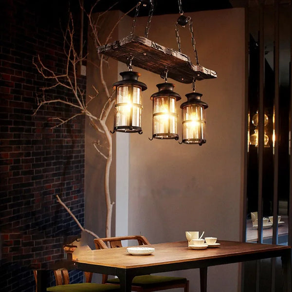 Retro industrial wood and iron pendant light with LED, pendant light with metallic sheen