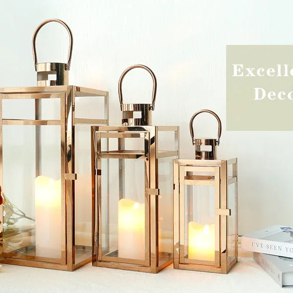 Set of 3 Stainless Steel Candle Lantern 19'' High Metal Candle Holder with Clear Glass Panels For Indoors Outdoors (Rose Gold)