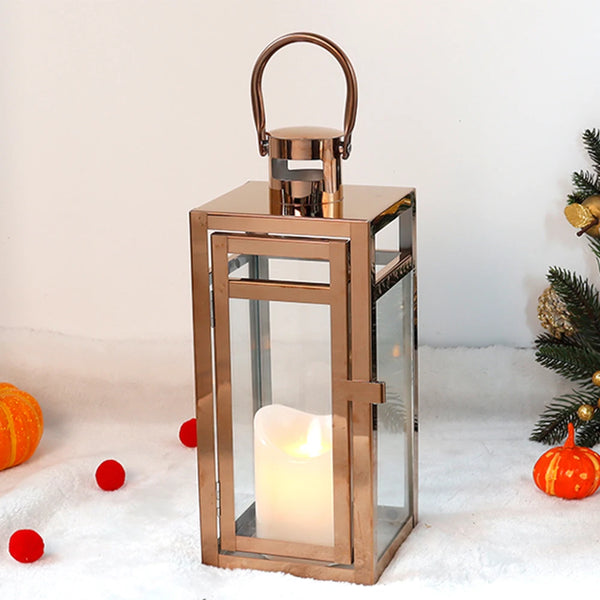 Stainless Steel Candle Holder Lanterns Rose Gold Hanging Lantern Candlestick Light for Indoor Outdoor Weddings Party Home Decor