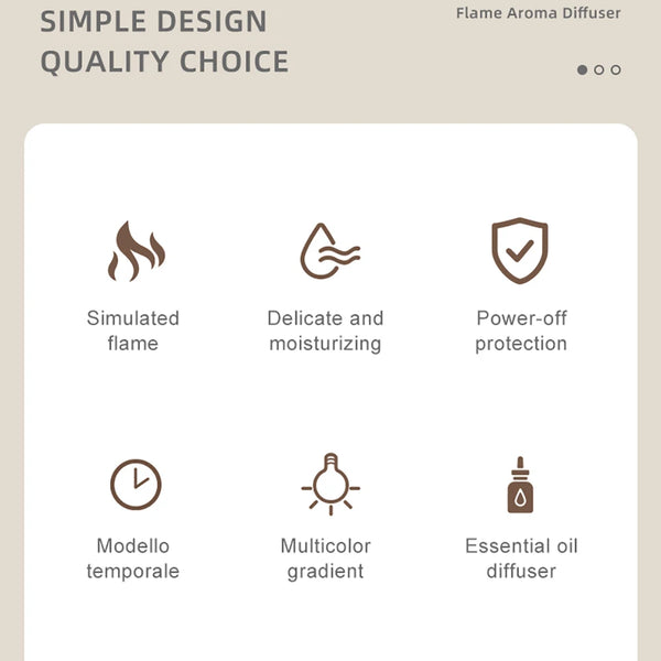 Air humidifier and aroma diffuser, essential oil humidifier, mini flame