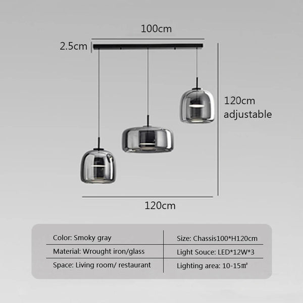 Modern LED pendant light, smoked glass 15/26/38 cm