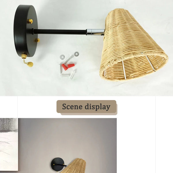 Retro Nordic rattan bedside wall lamps