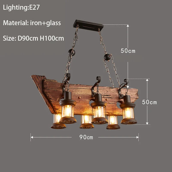 Retro industrial wood and iron pendant light with LED, pendant light with metallic sheen