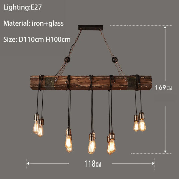 Retro industrial wood and iron pendant light with LED, pendant light with metallic sheen
