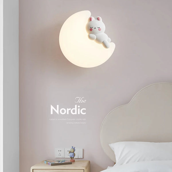 Romantic wall lamps in the shape of a rabbit and a bear, moon