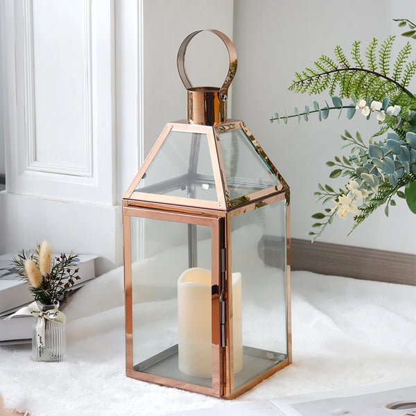Rose Gold Stainless Steel Candle Holder Decorative Lanterns  with Tempered Glass Table Candle Stick Wedding Party Home Decor