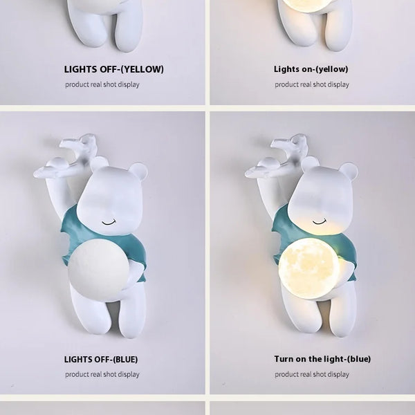 Bear shaped wall lamp, resin LED light with moon glass lampshade