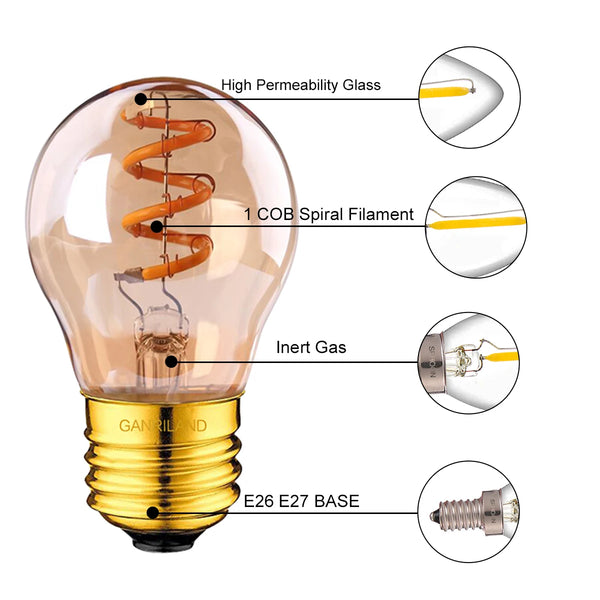 GANRILAND G45 Spiral LED Bulb – 3W E26/E27, Amber 2200K Edison Glow