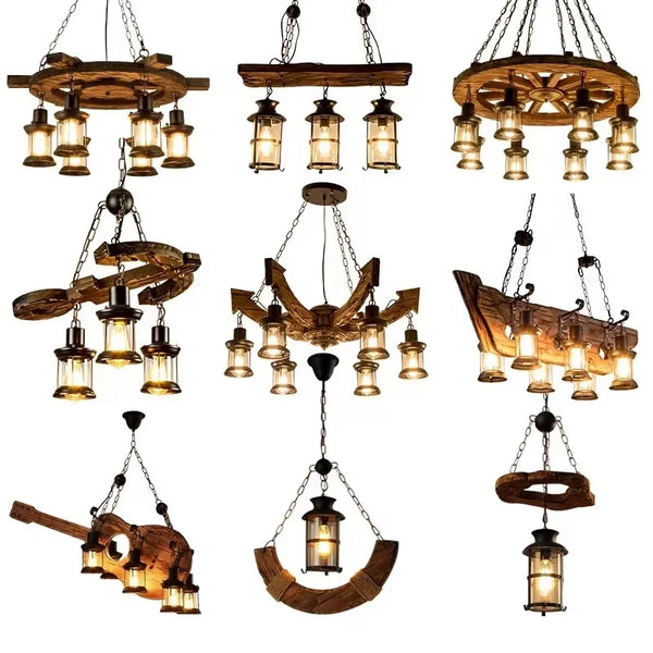 Retro industrial wood and iron pendant light with LED, pendant light with metallic sheen