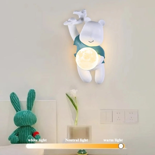 Bear shaped wall lamp, resin LED light with moon glass lampshade