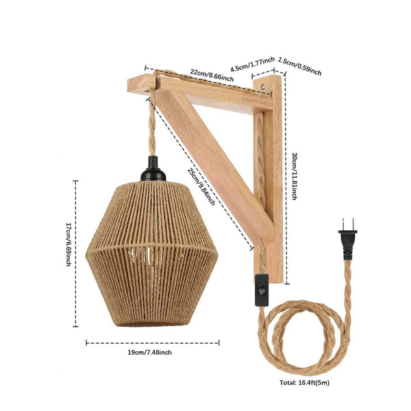 LED Wall Light with Rattan Paper Rope, Retro Fabric Lamp, 5m, Adjustable Bedside Lamp, Home Decor