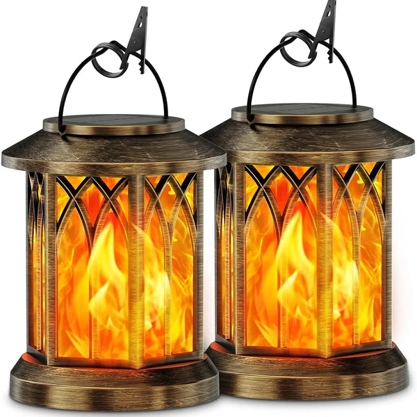 2-Pack Upgraded Flickering Flame Solar Lanterns – Hanging Outdoor Lights in Bronze & Black