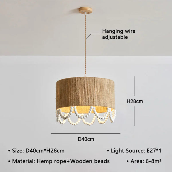Japanese Wabi Sabi pendant light with wooden beads and hemp rope
