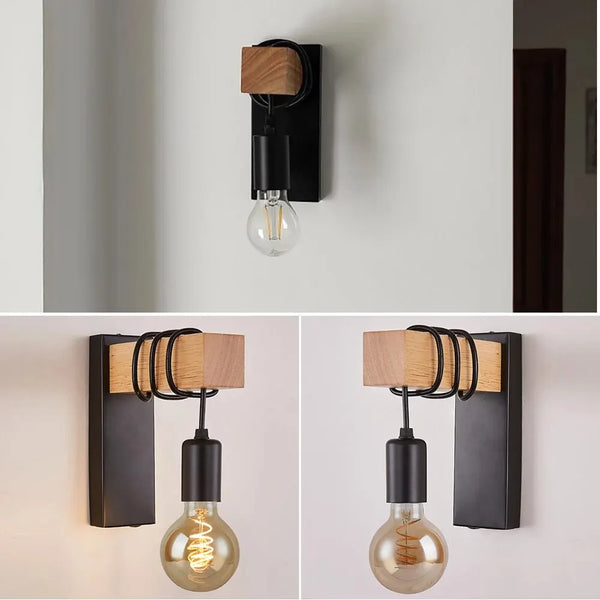 Retro Wooden LED Wall Lamp E27 220V 110V