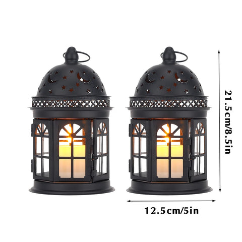 2Pcs Vintage Candle Holder Lantern Metal Hanging Candleholder for Indoor Outdoor Weddings Home Decor (Black)