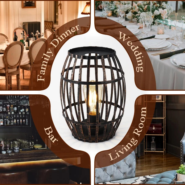 Decorative Battery Powered 8“H Cordless Metal Wine Barrel Lamp with 6-Hour Timer for Tabletop Home Patio(Black Brushed Gold)