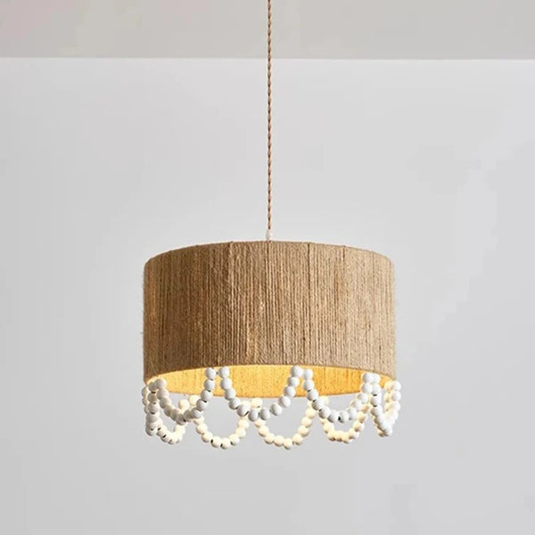 Japanese Wabi Sabi pendant light with wooden beads and hemp rope