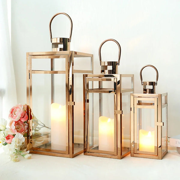 Set of 3 Stainless Steel Candle Lantern 19'' High Metal Candle Holder with Clear Glass Panels For Indoors Outdoors (Rose Gold)