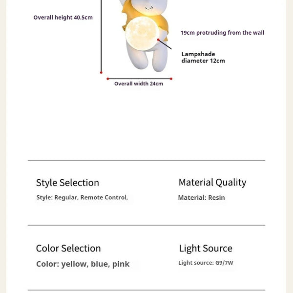 Bear shaped wall lamp, resin LED light with moon glass lampshade