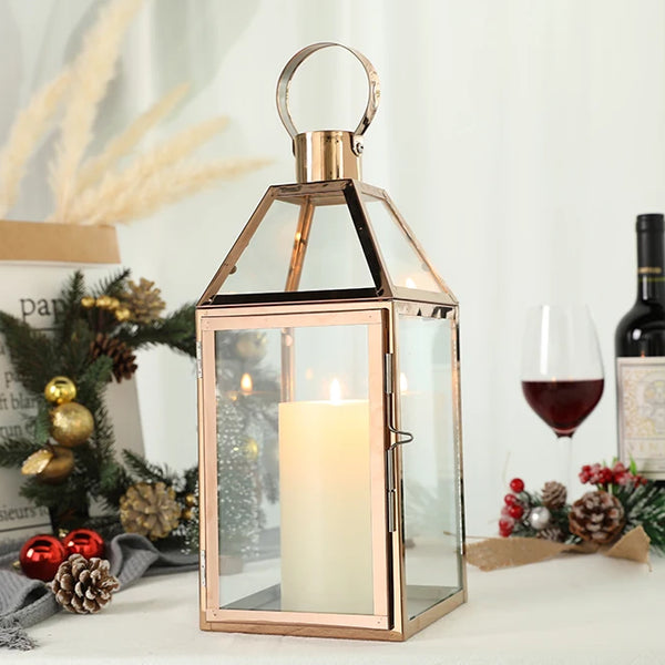 Rose Gold Stainless Steel Candle Holder Decorative Lanterns  with Tempered Glass Table Candle Stick Wedding Party Home Decor