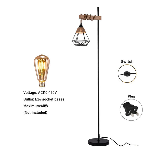 Retro smart floor lamp with rattan shade and extended power cord
