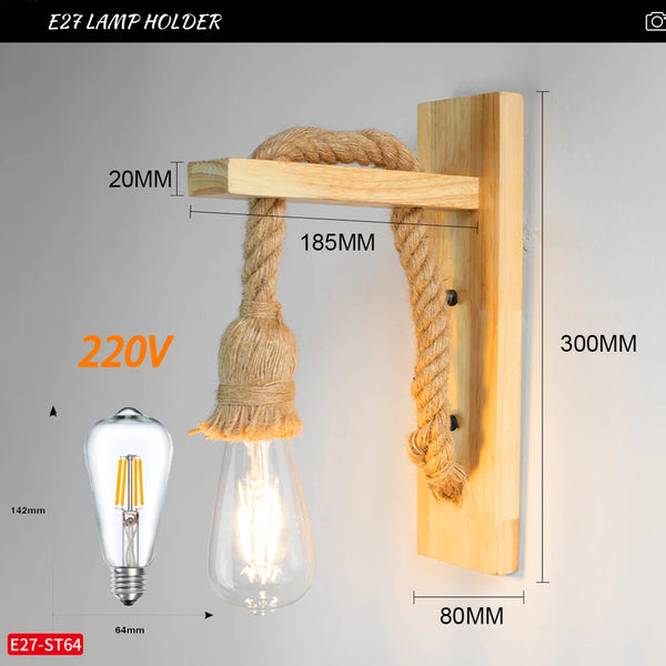 Wooden wall lamp with hemp rope Retor 110V 220V