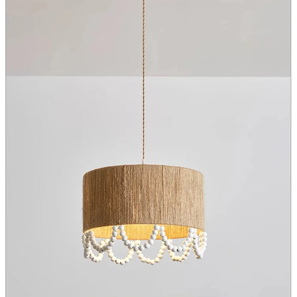 Japanese Wabi Sabi pendant light with wooden beads and hemp rope
