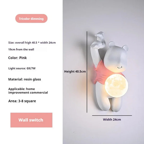 Bear shaped wall lamp, resin LED light with moon glass lampshade