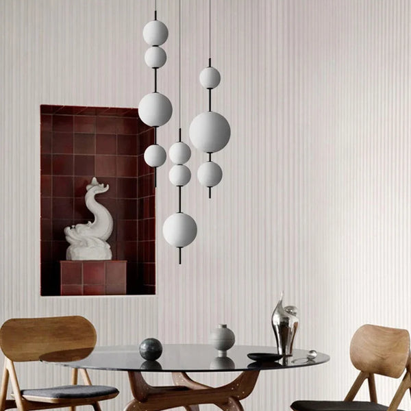 Modern LED pendant light with white glass sphere, interior decoration accessory