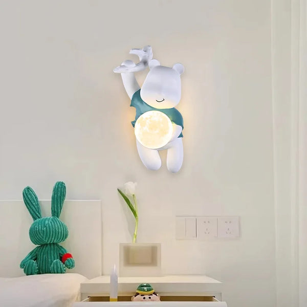 Bear shaped wall lamp, resin LED light with moon glass lampshade