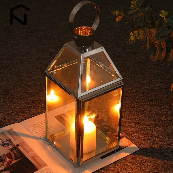 European Stainless Steel Glass Candle Holder Silver Xmas Decor Table Candle Stick Romantic Wedding Bar Party Home Decorations