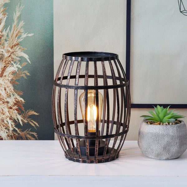 Decorative Battery Powered 8“H Cordless Metal Wine Barrel Lamp with 6-Hour Timer for Tabletop Home Patio(Black Brushed Gold)